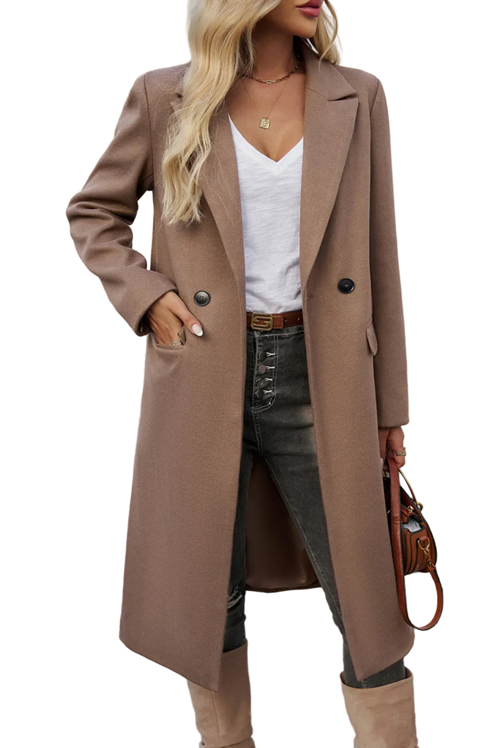 Dark Khaki Single Breasted Lapel Collar Flap Pocketed Overcoat