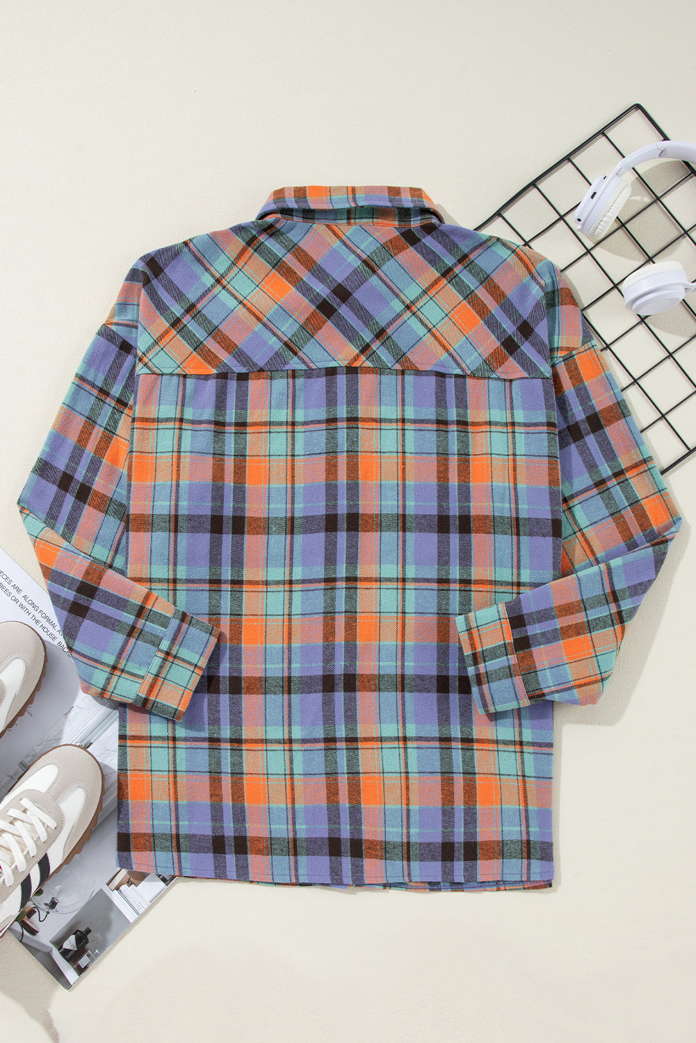 Orange Plaid Print Pocket Loose Shirt Shacket