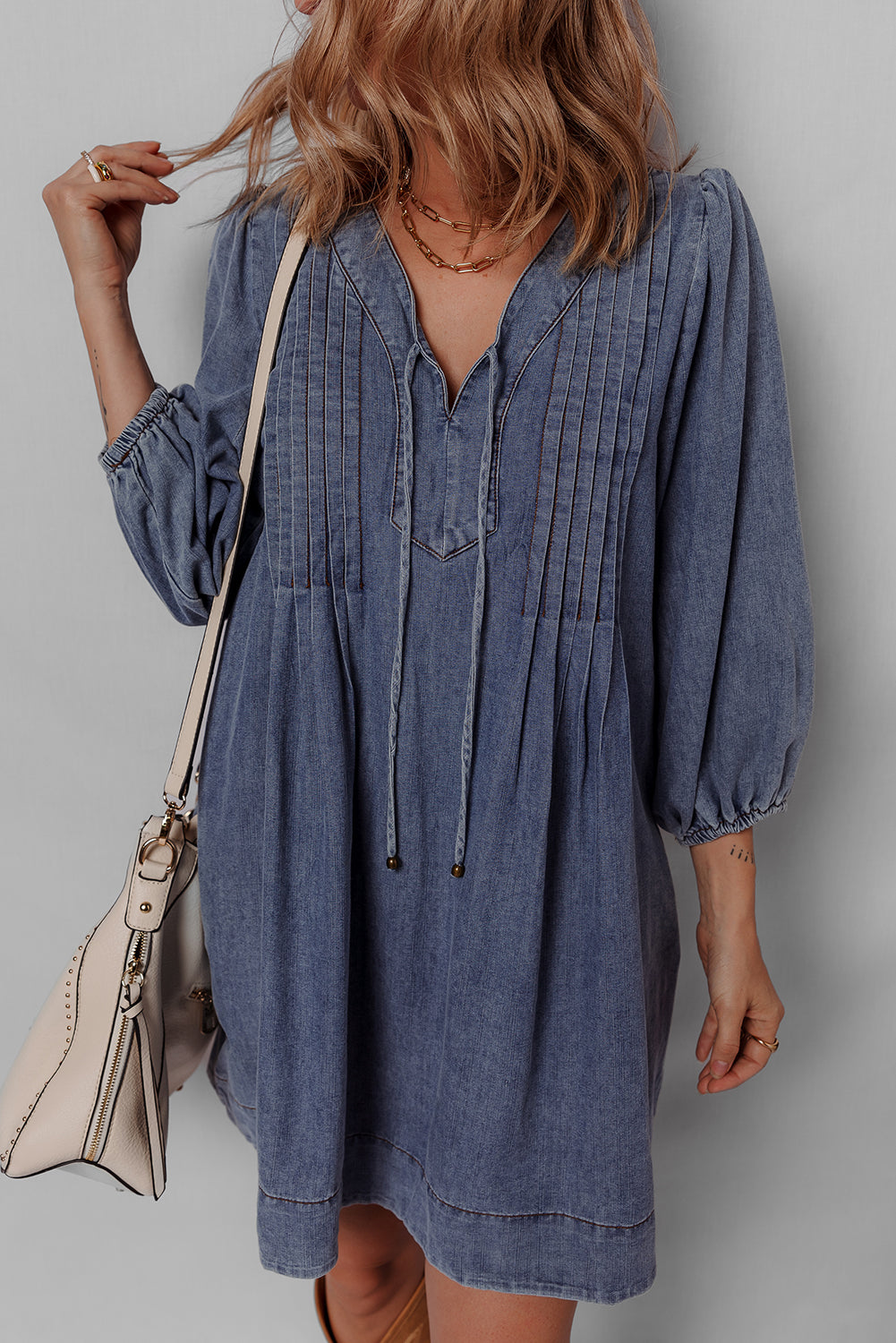 Sail Blue 3/4 Sleeve Tied V Neck Pleated Denim Mini Dress