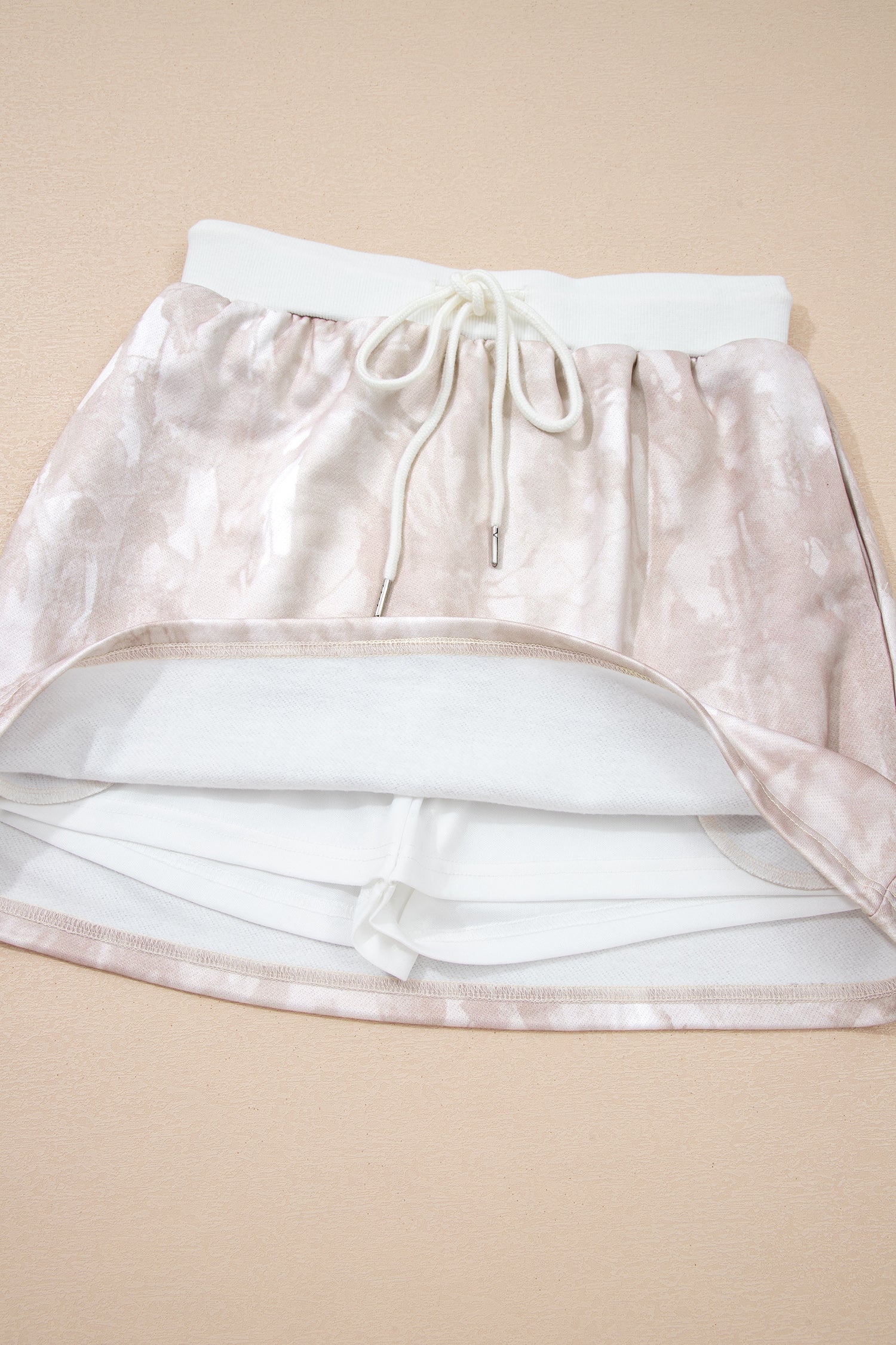 White Abstract Woodland Print Balloon Sleeve Pullover Drawstring Mini Skort Set