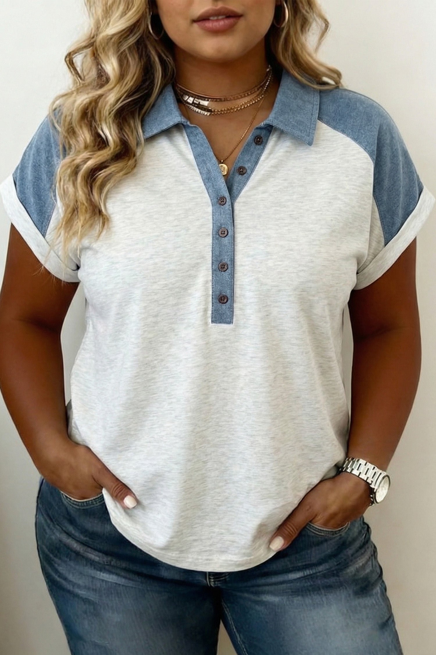 Beige Plus Size Contrast Denim Patchwork Cuffed Sleeve Polo Tee