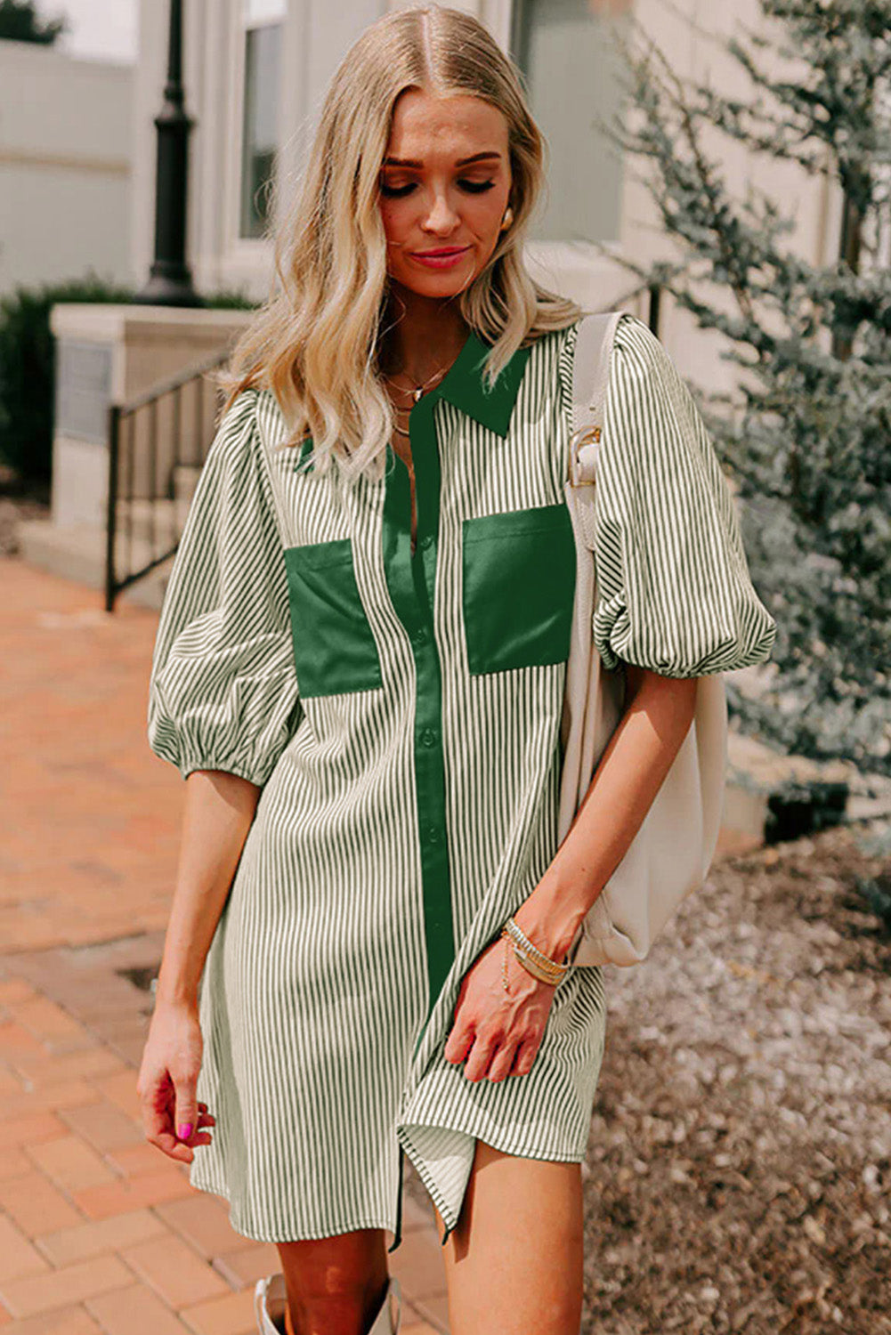 Green Stripe Color Block Patchwork Shirt Collar Button Down Puff Sleeve Mini Dress