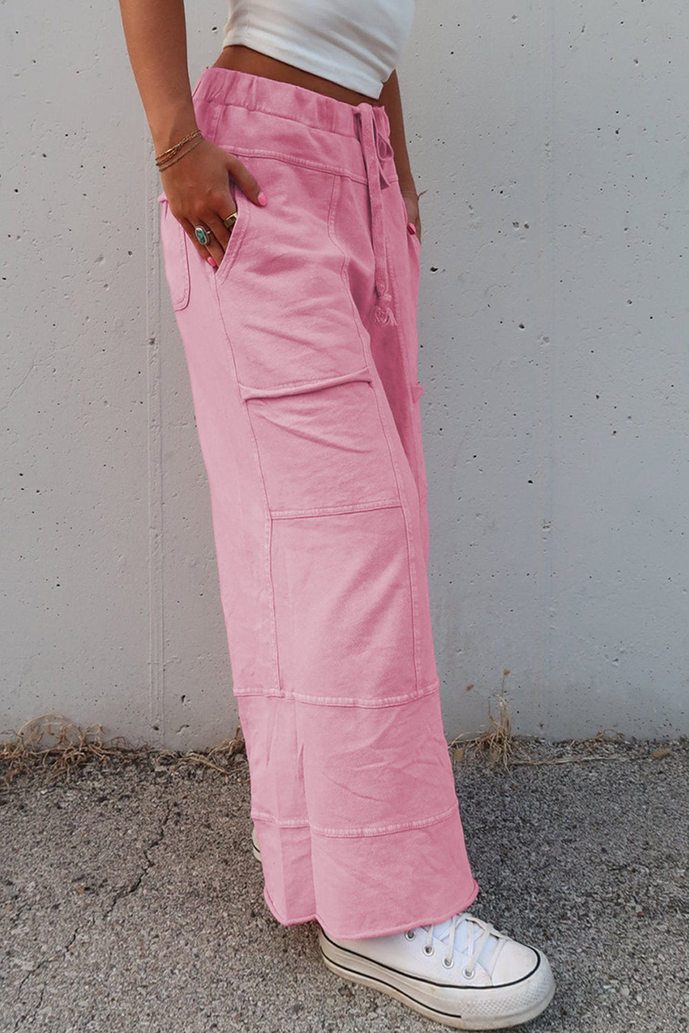 Bonbon Mineral Wash Exposed Seam Wide Leg Cargo Pants
