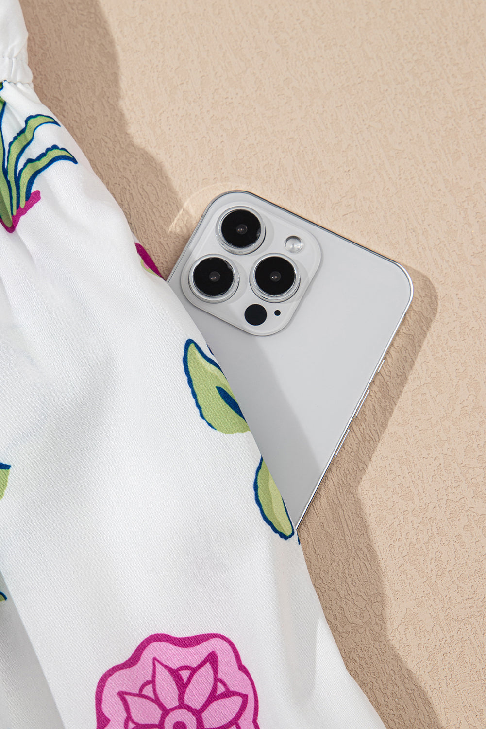 White Floral Ruffle Hem Pop of Color Neckline Dress