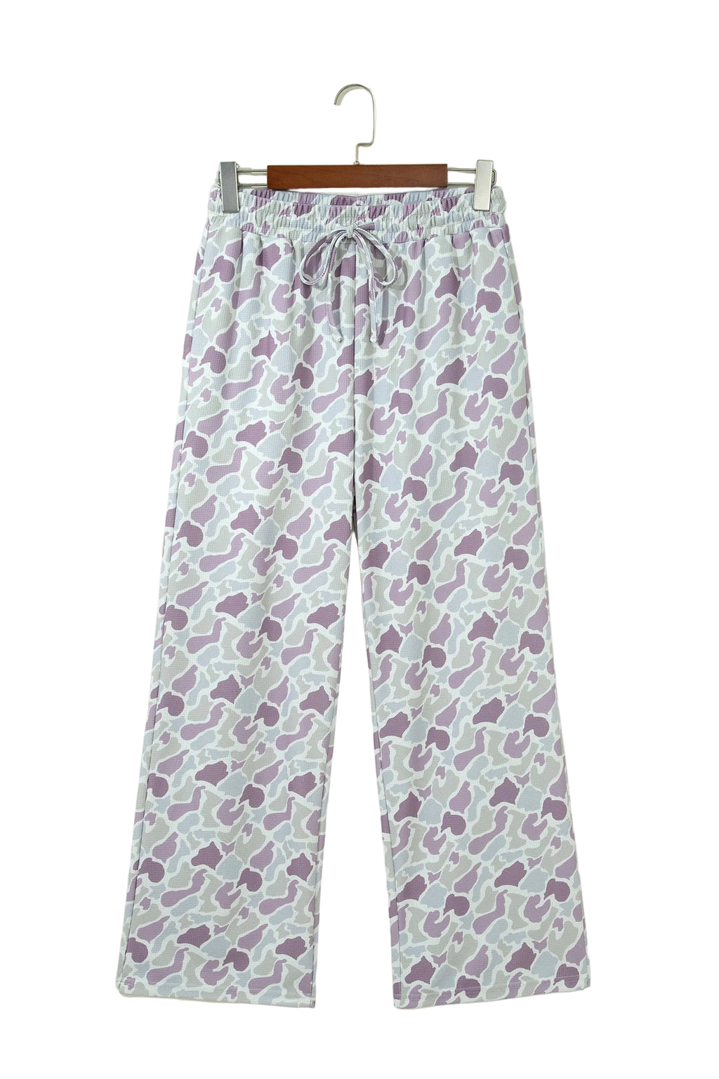 Green Camo Print Drawstring Waist Loose Fit Full Length Pants