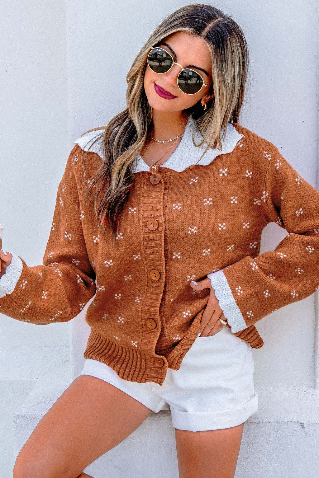Russet Orange Peter Pan Collar Colorblock Long Sleeve Knitwear Cardigan