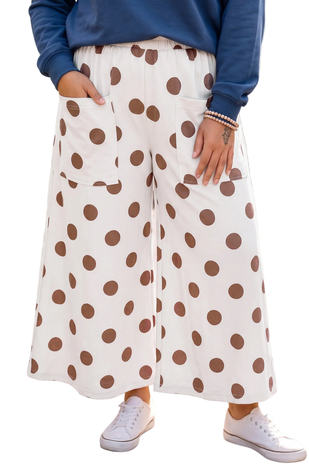 Khaki Polka Dot Elastic Waist Wide Leg Plus Size Pants