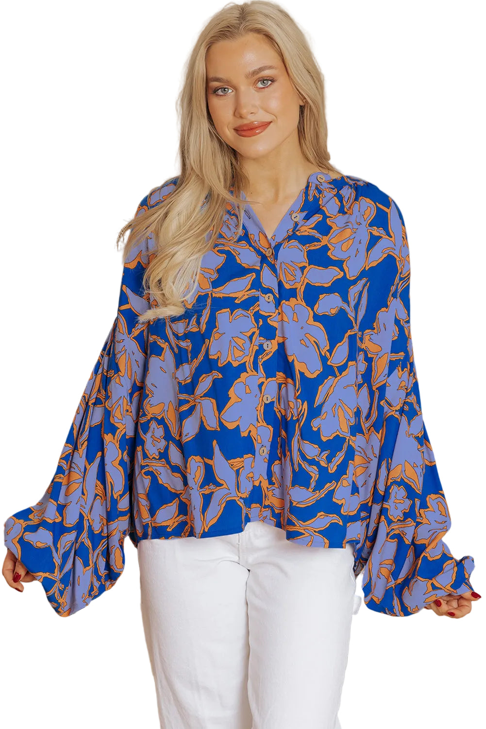 Blue Floral Print Batwing Sleeve Buttoned Loose Fit Shirt