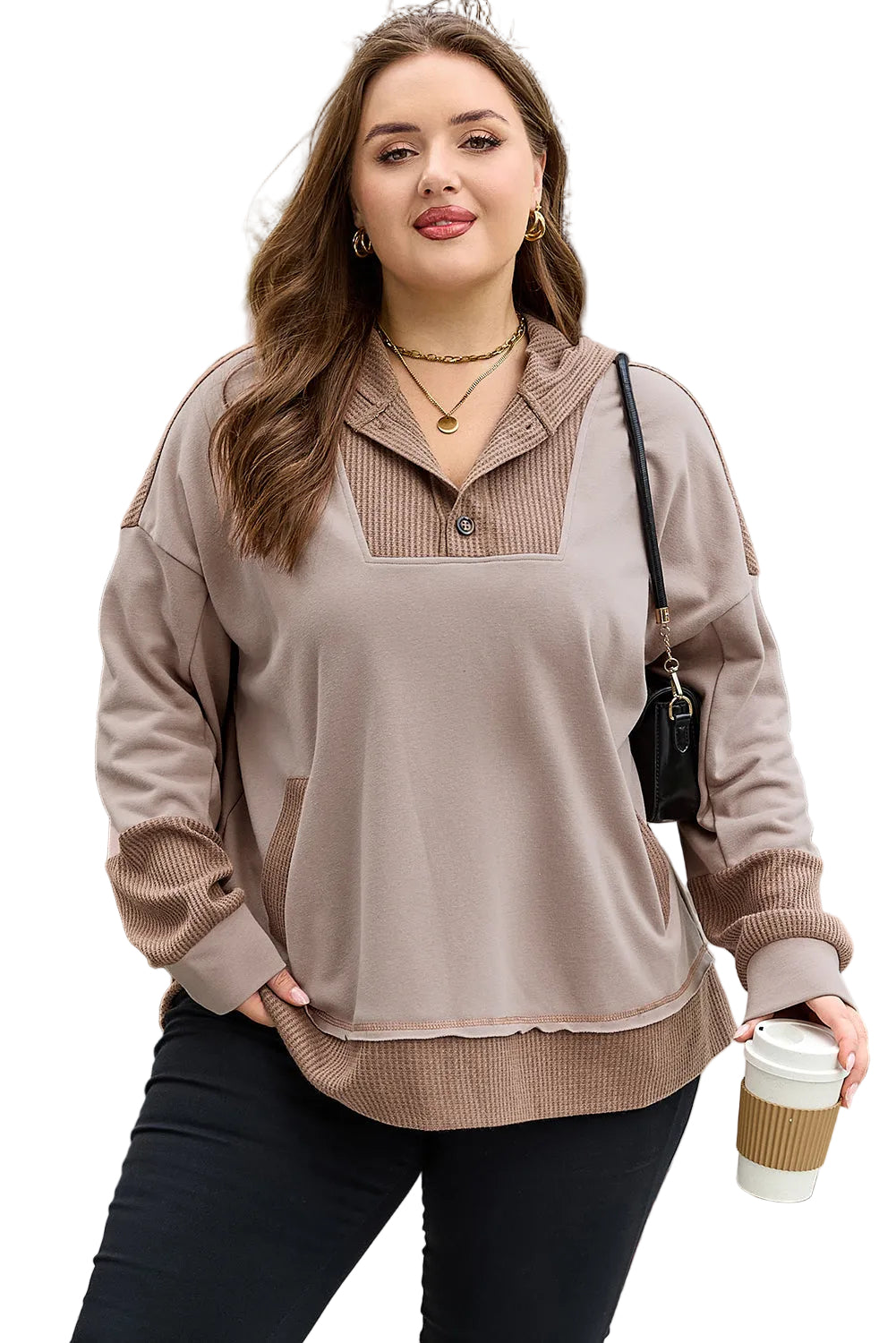 Goat Waffle Contrast Patchwork Plus Size Pocketed Hoodie