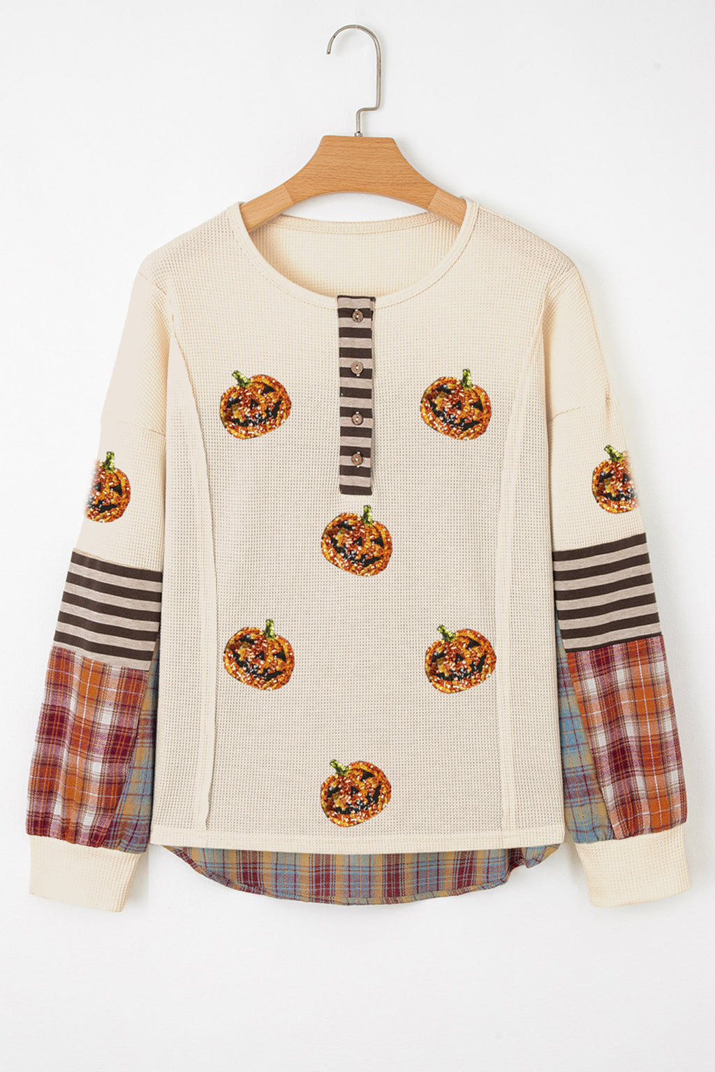 Beige Sequined Pumpkin Face Patched Henley Waffle Top