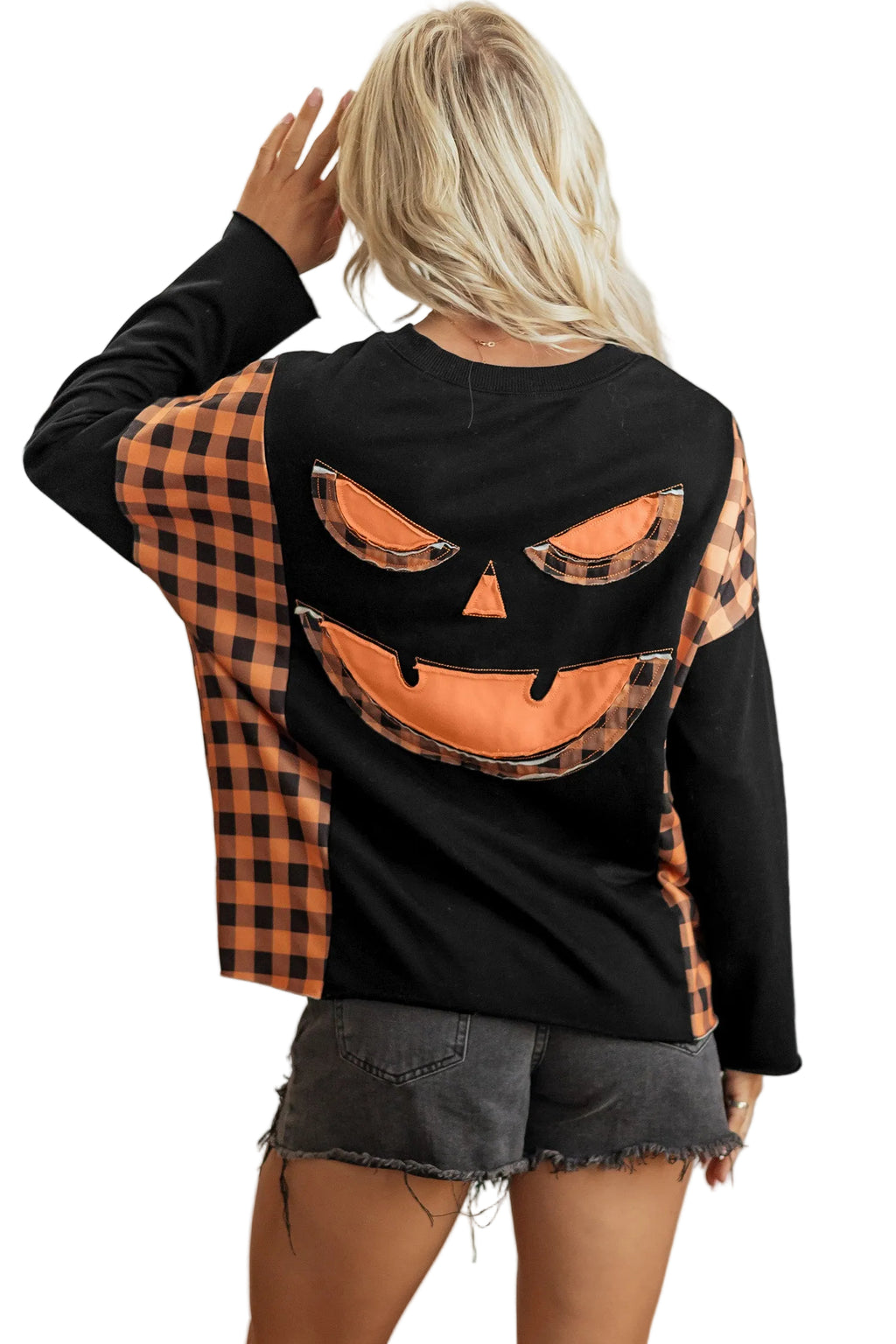 Black Patchwork Plaid Pumpkin Face Long Sleeve Top