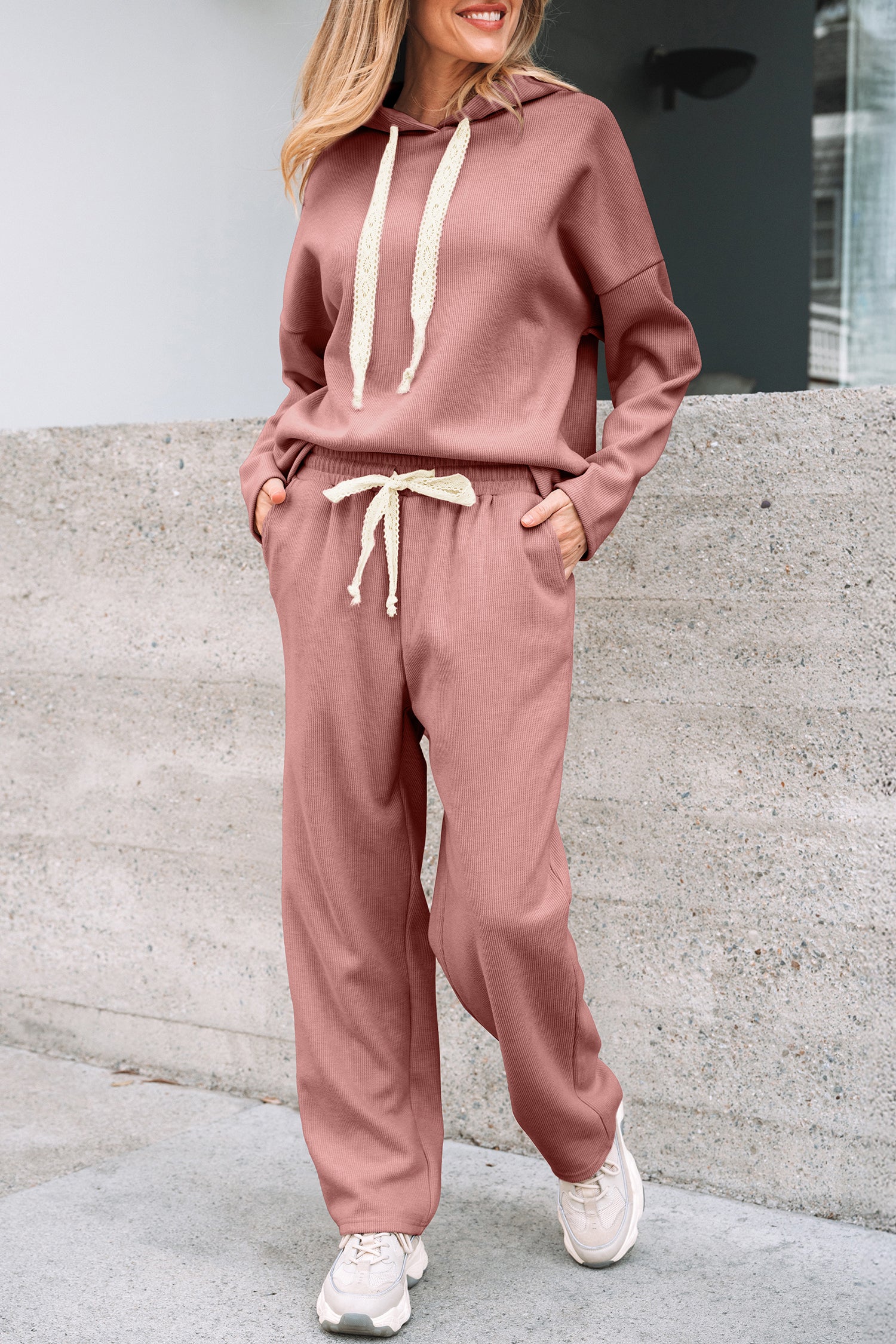 Rose Tan Lace Drawstring Pullover Hoodie and High Waist Pants Corduroy Suit