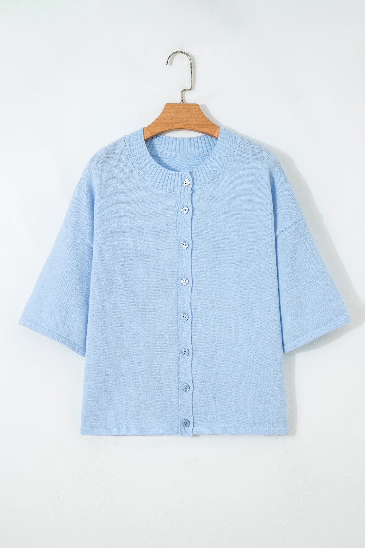 Beau Blue 3/4 Sleeve Boxy Knit Button Down Sweater Cardigan