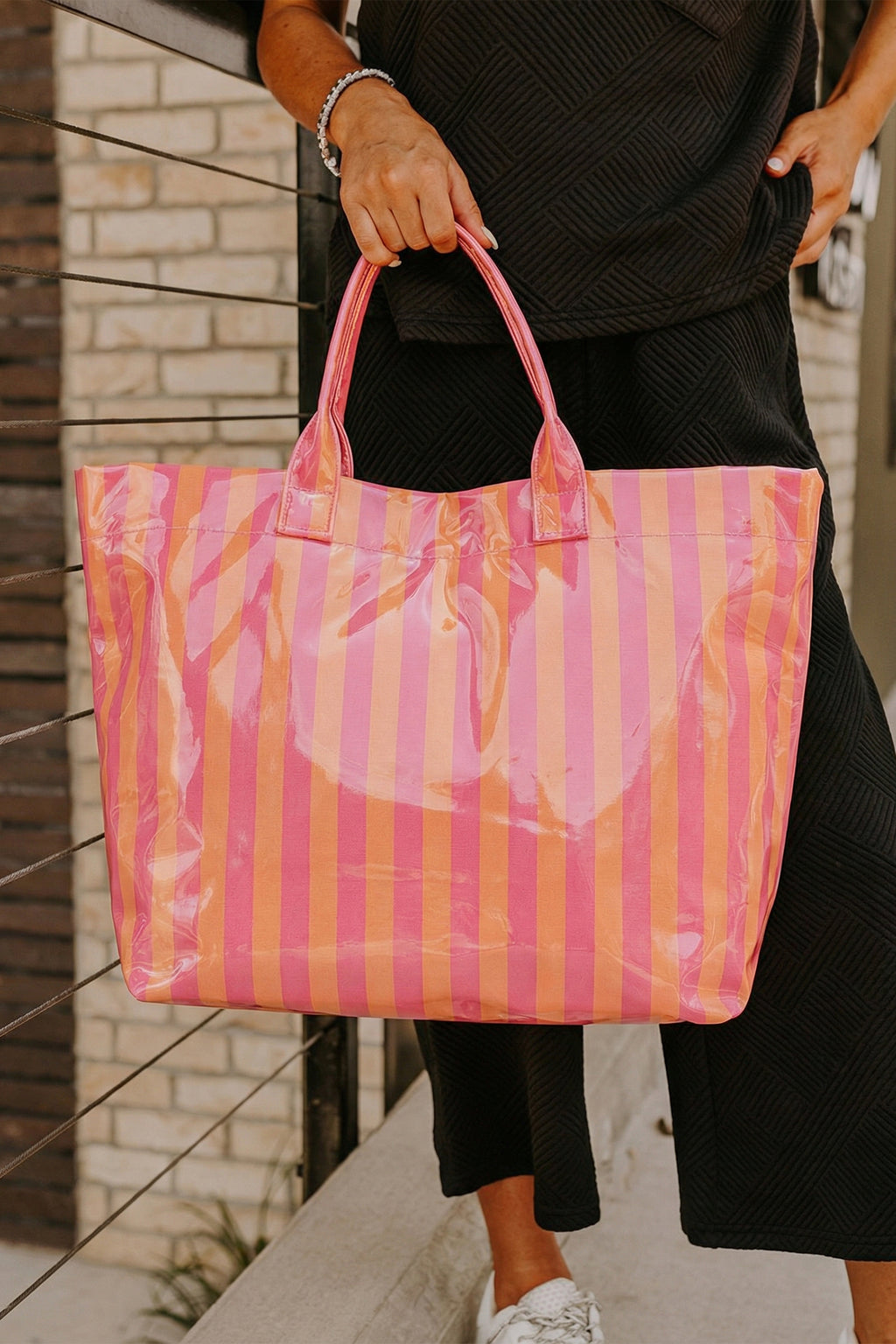 Pink Glossy Striped Vinyl Large Tote Bag