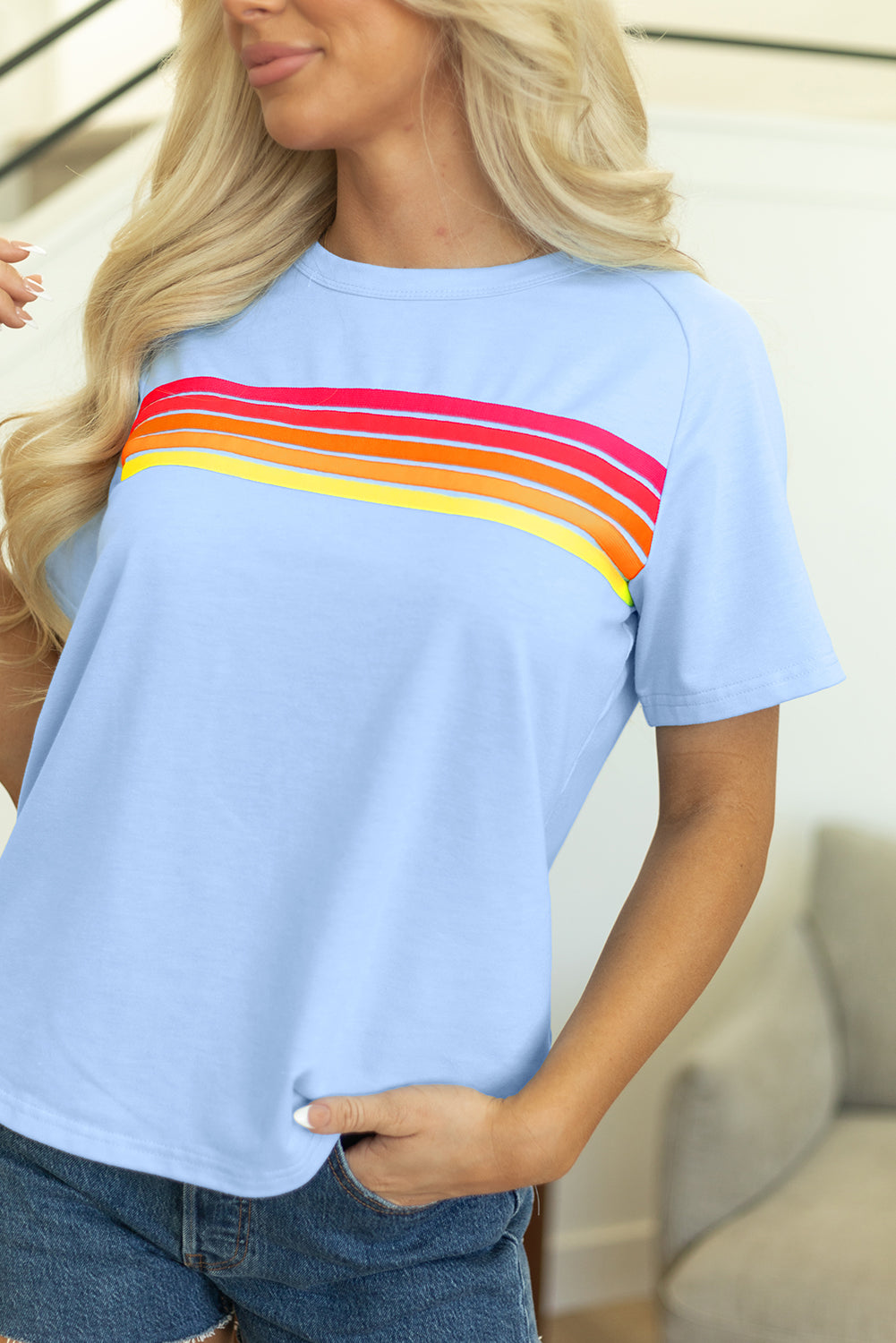 Blue Striped Patch Front Casual Tee