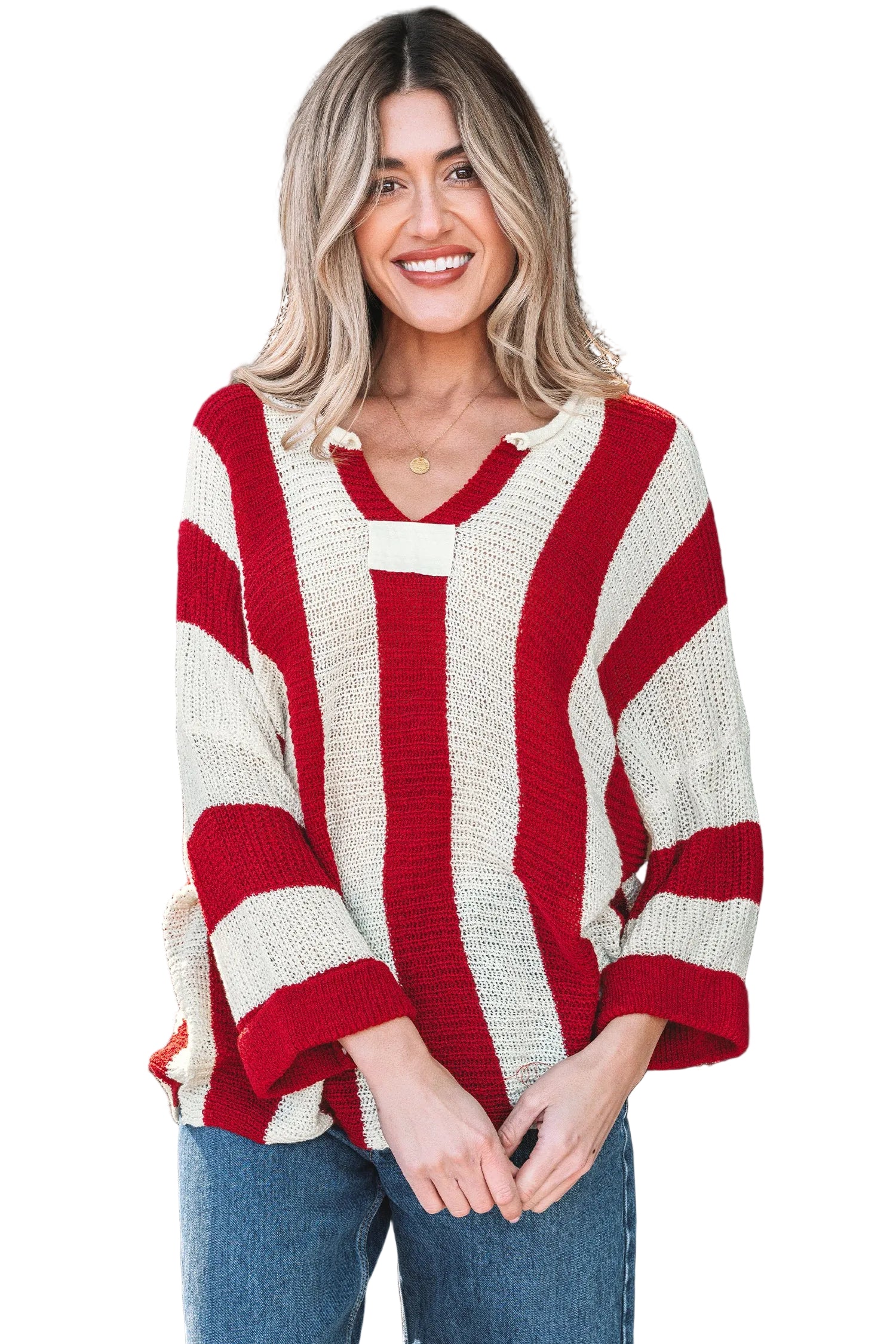 Red Stripe Colorblock V Neck Bracelet Sleeve Sweater
