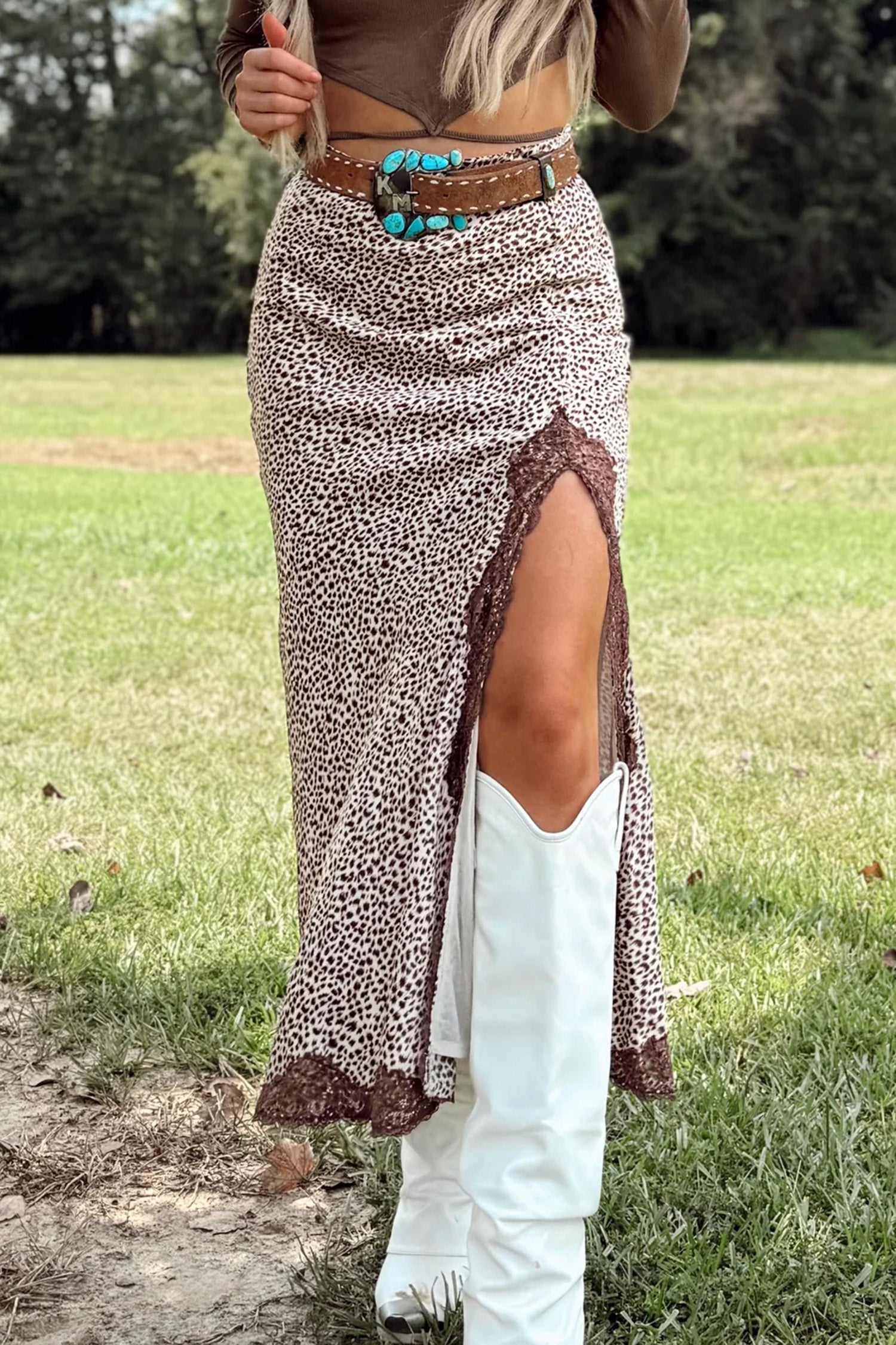 Khaki Cheetah Print Trim Split Long Western Skirt