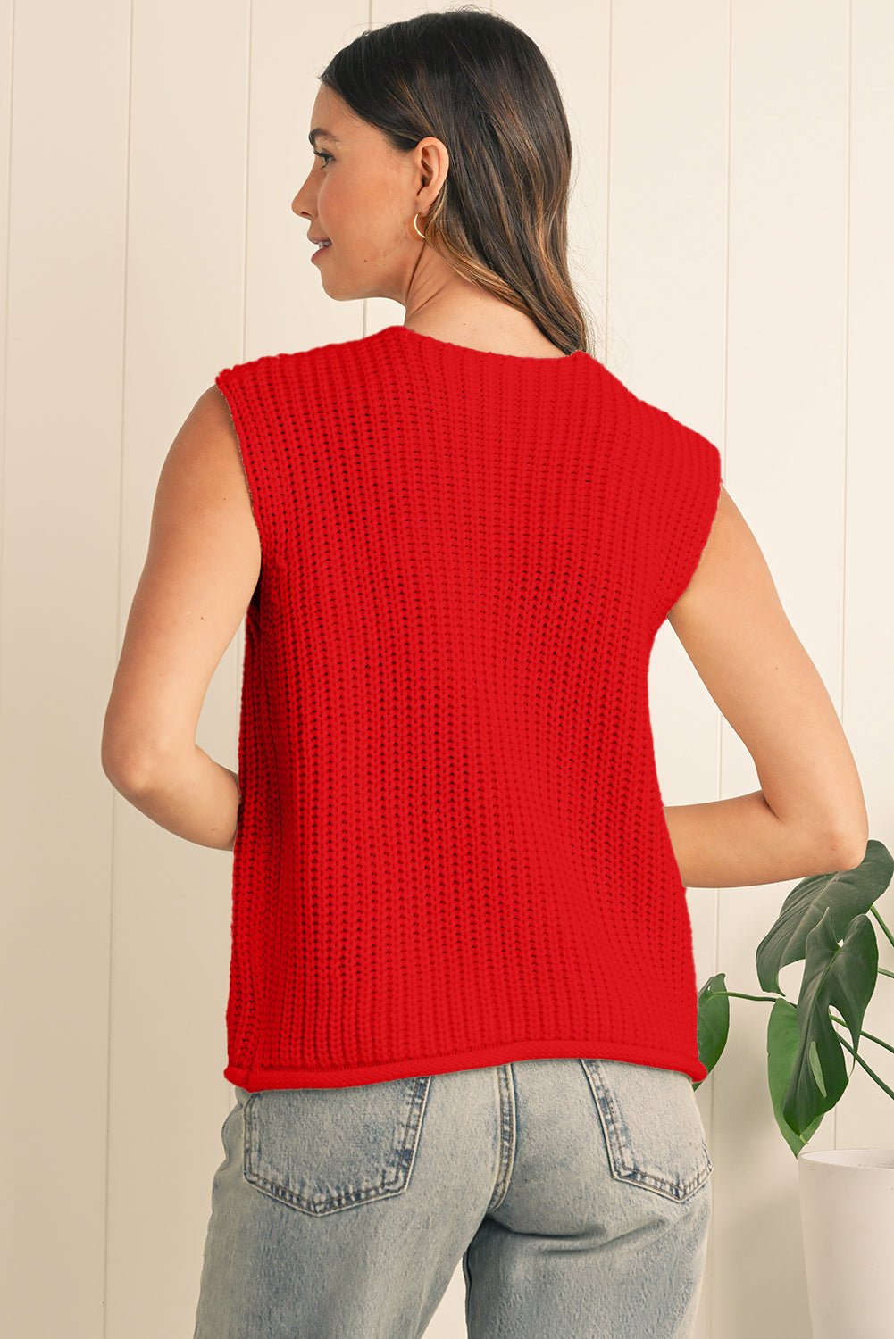 Fiery Red Solid Textured Knit Side Pockets Buttoned Sweater Vest