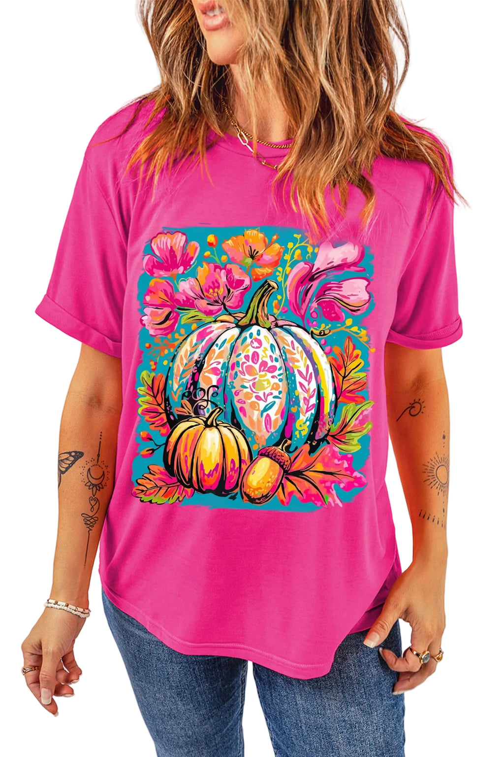 Rose Red Floral Pumpkin Graphic Print Crewneck Relaxed T-Shirt