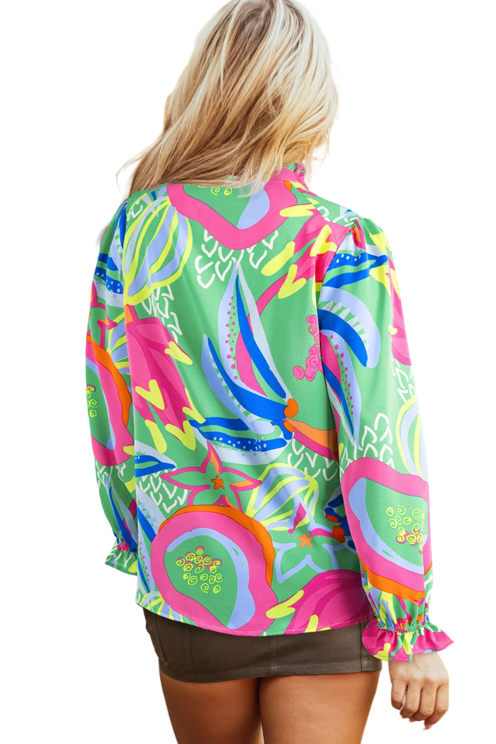 Green Abstract Print Ruffled Sleeve Buttoned V Neck Blouse