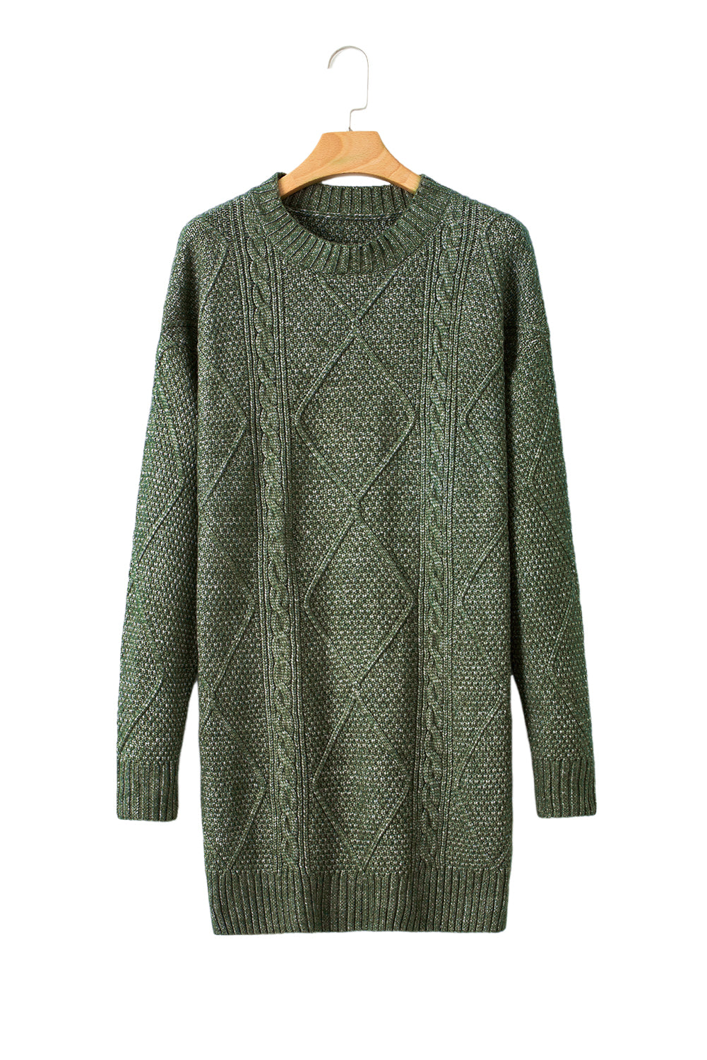 Mist Green Twist Cable Knit Drop Shoulder Loose Fit Sweater Dress