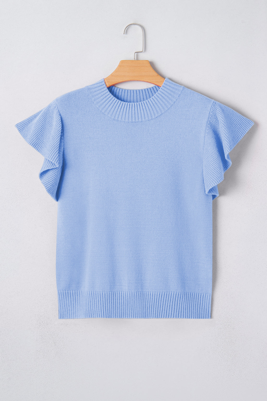 Beau Blue Solid Color Ribbed Trim Round Neck Ruffle Short Sleeve Sweater
