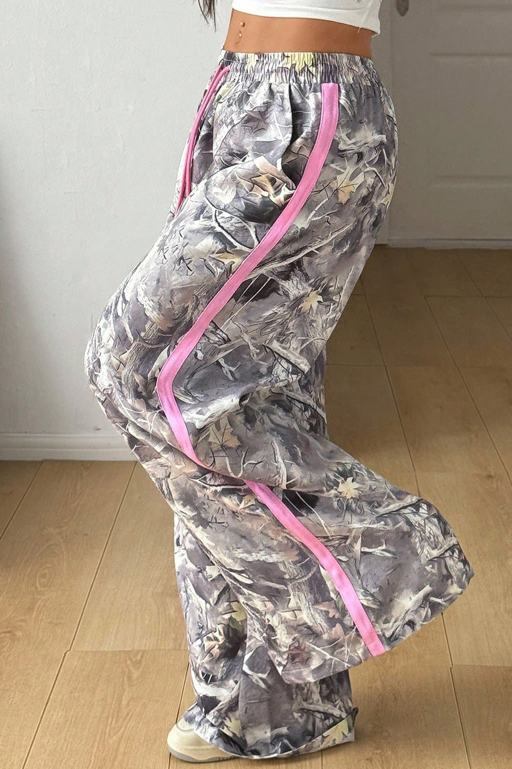 Gray Camo Woodland Print Color Block Detail Drawstring Wide Leg Sweatpants