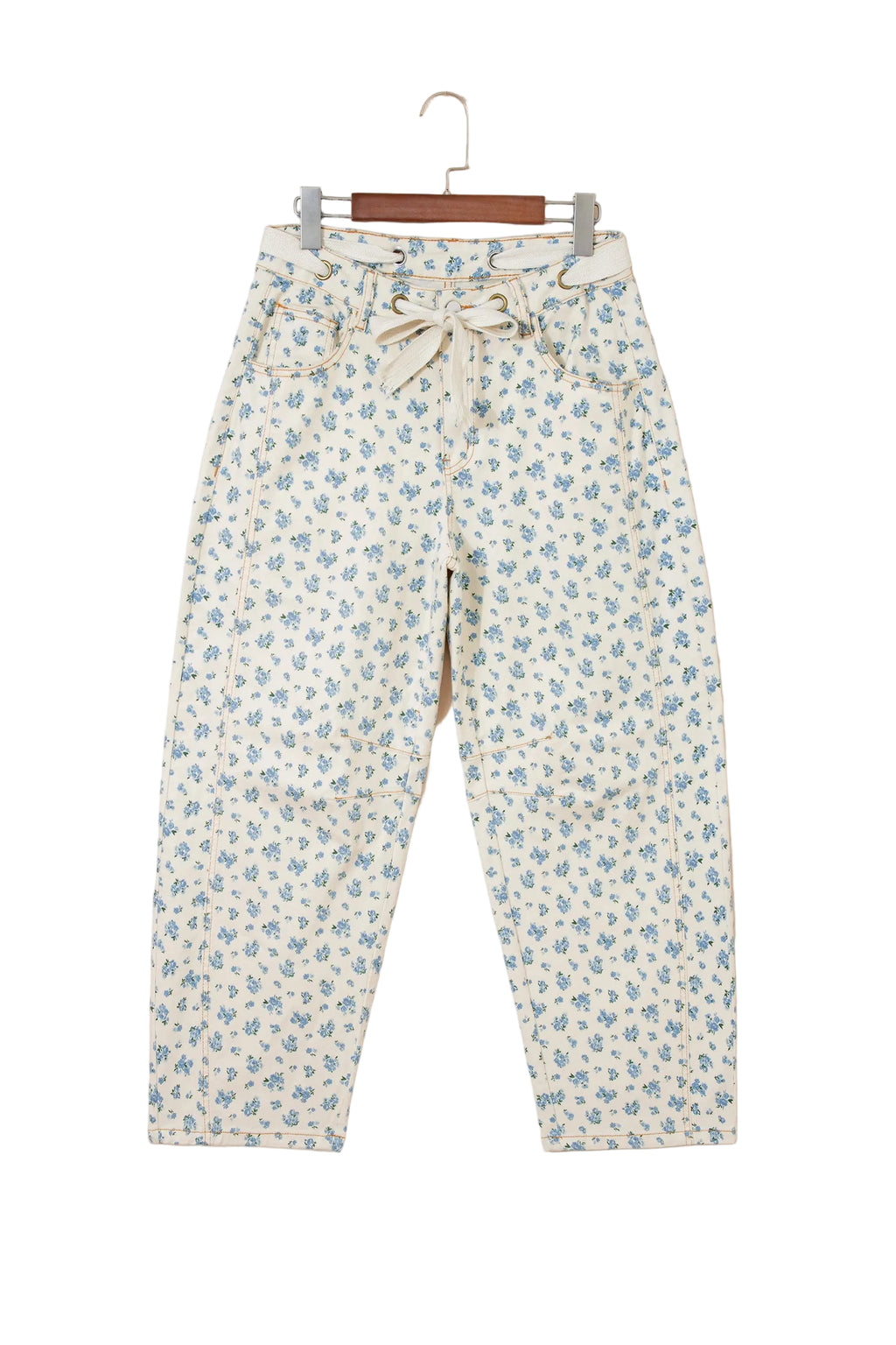 Beige Grommet Knot Waist Floral Barrel Leg Jeans