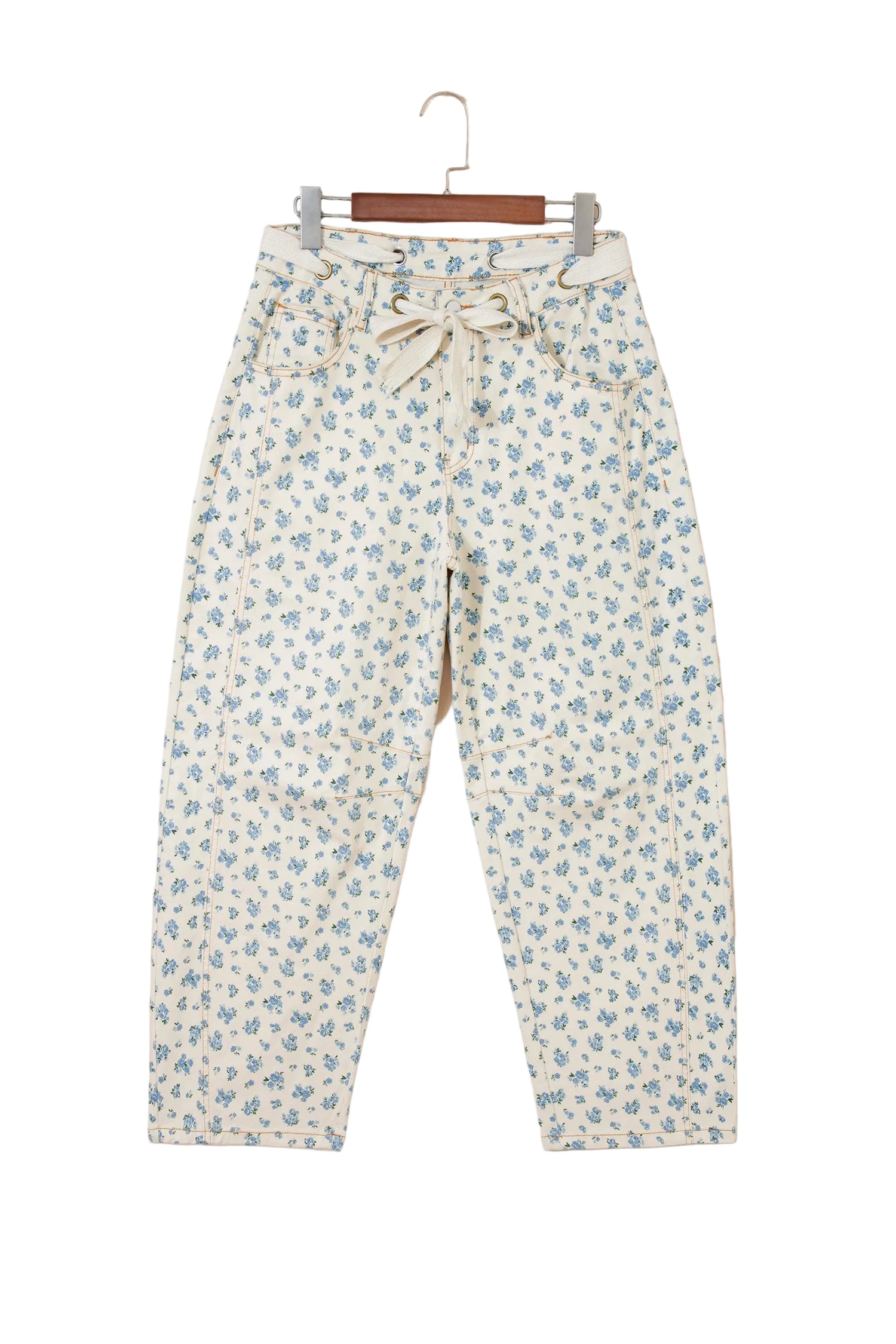 Beige Grommet Knot Waist Floral Barrel Leg Jeans