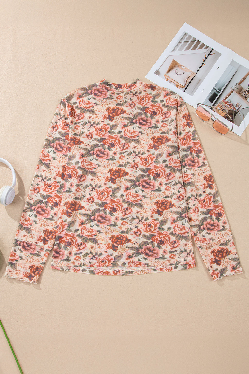 White Plus Size Floral Mock Neck Long Sleeve Slim Top