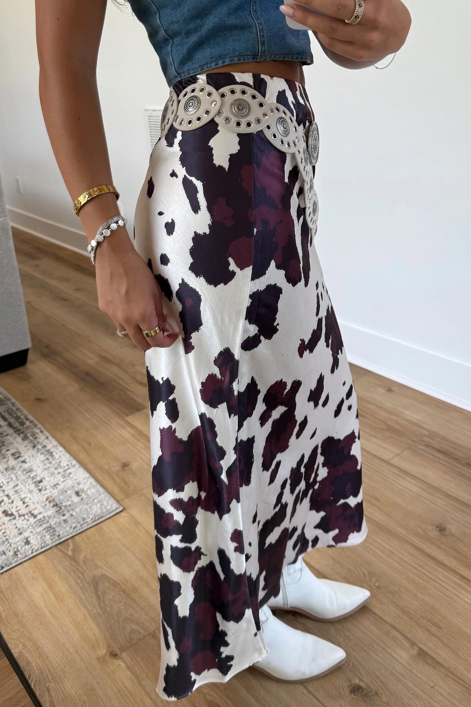Brown Abstract Print Western Long Metal Zip-Up Waist Daily Wear Skirt