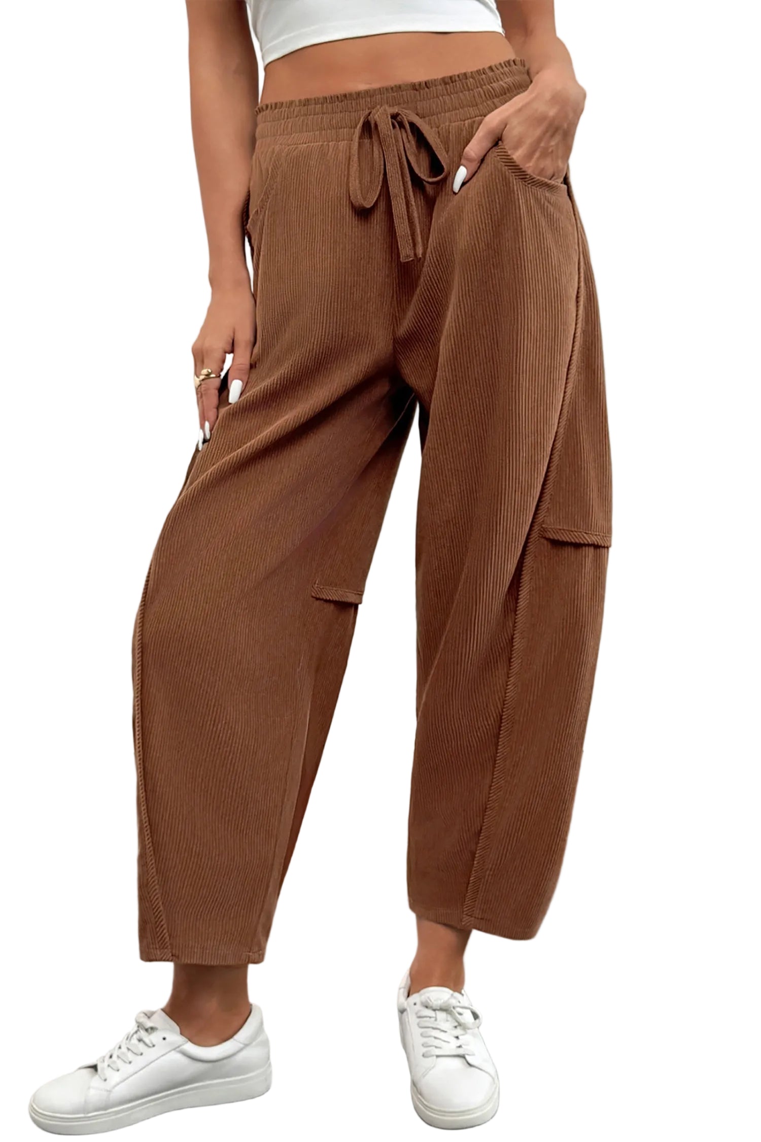 Coffee Corduroy Elastic Waist Drawstring Cargo Pants