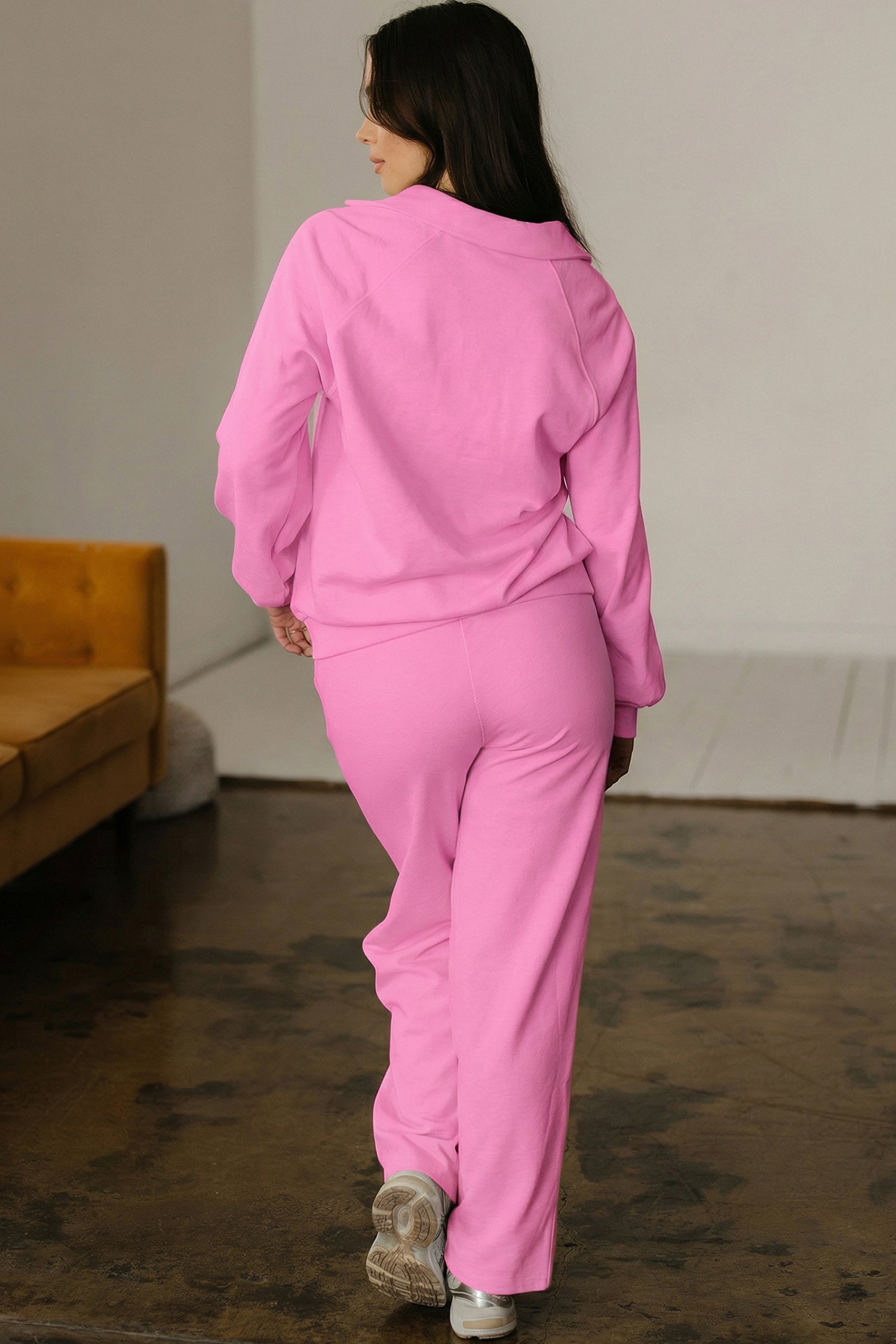 Bright Pink Polo Collar V Neck Pullover and Drawstring Sweatpants Set