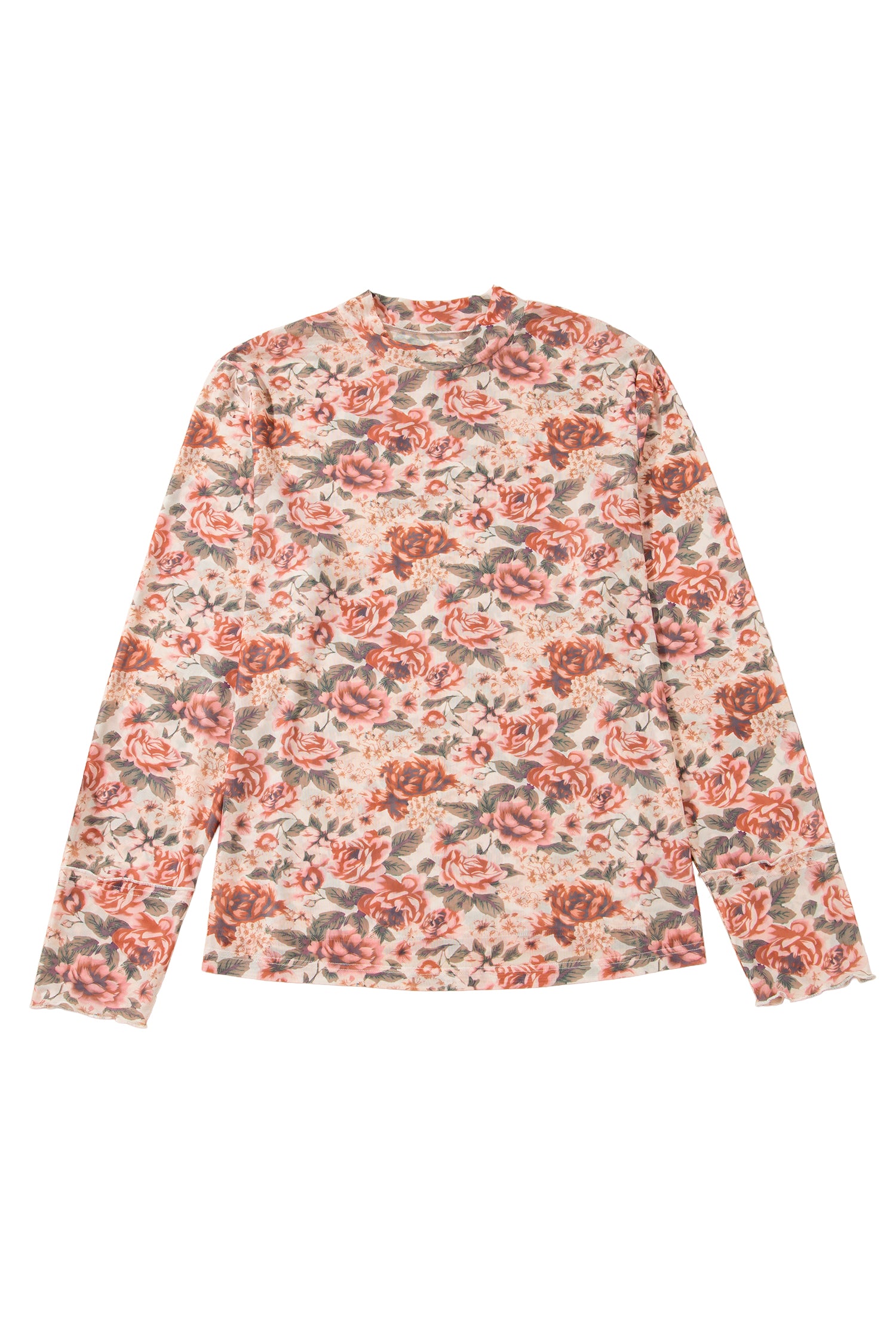 White Plus Size Floral Mock Neck Long Sleeve Slim Top