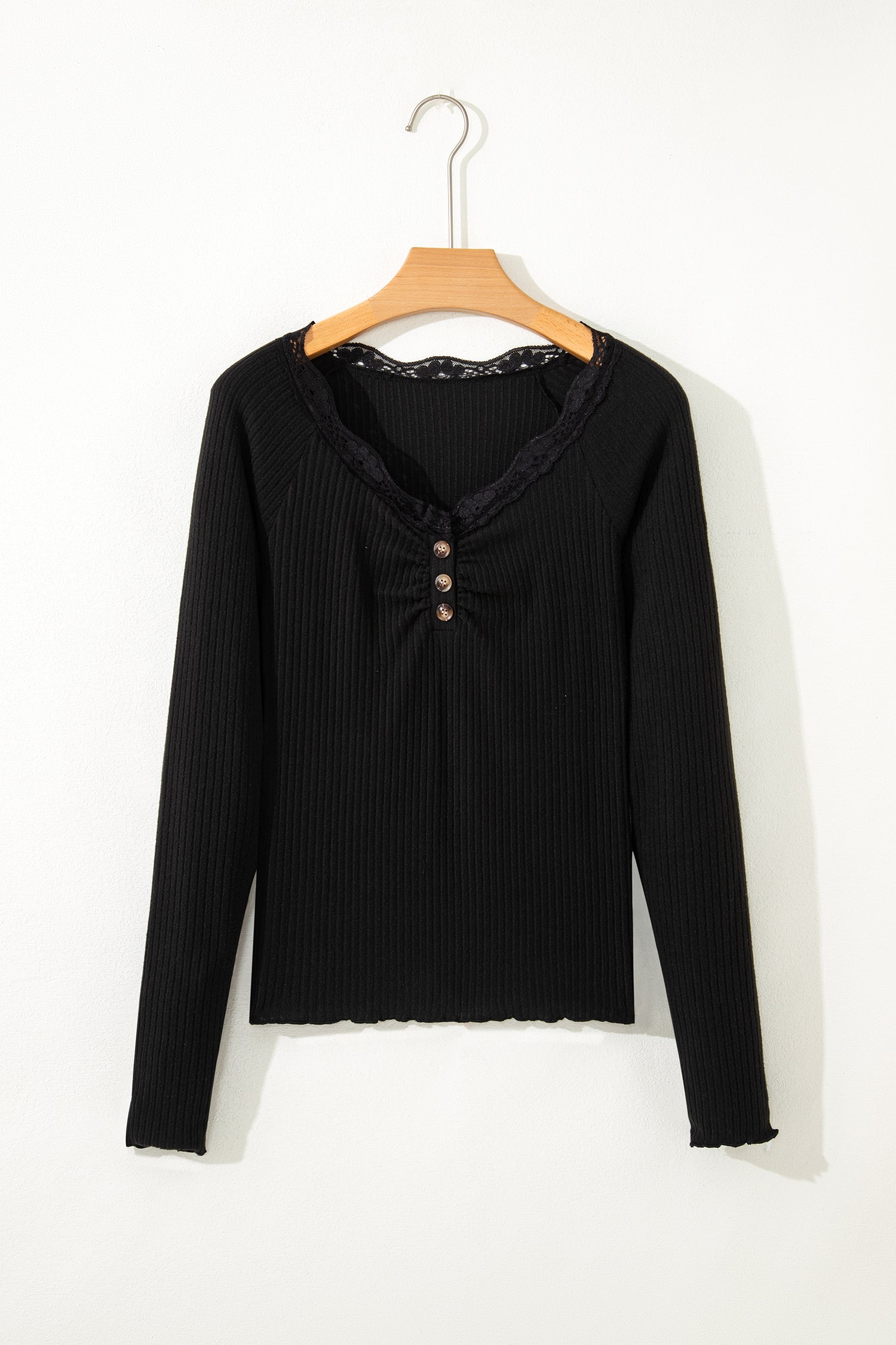 Black Lace Neckline Button Decor Lettuce Edge Long Sleeve Ribbed Top