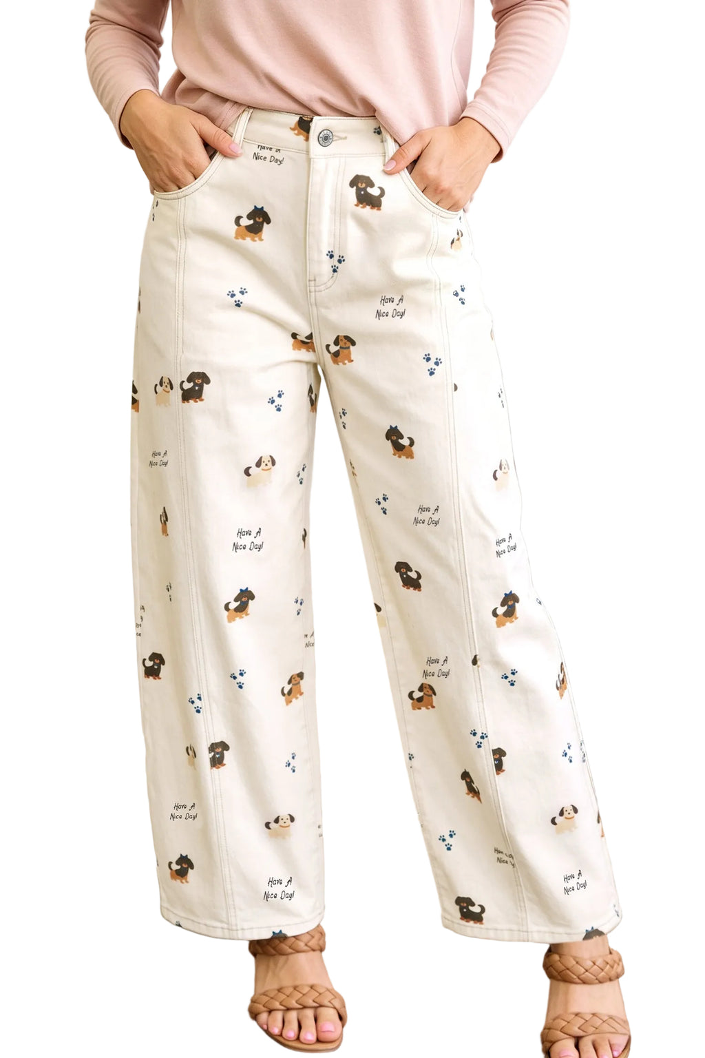 White Abstract Dog Print Wide Leg Full-Length Jeans