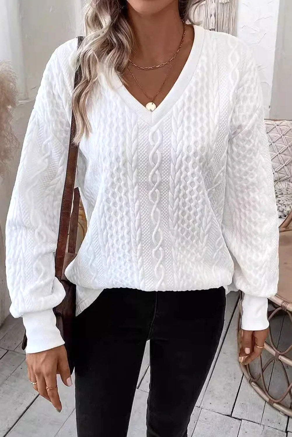 White Solid Color Textured V Neck Drop Shoulder Knit Top