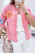 Pink Cute Flower Pattern Button-Up Cardigan