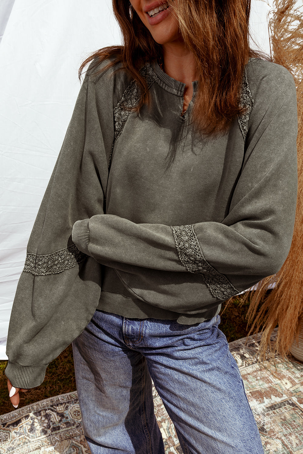 Jungle Green Lace Patchwork Detail Notched Neck Mineral Wash Baggy Sweatshirt