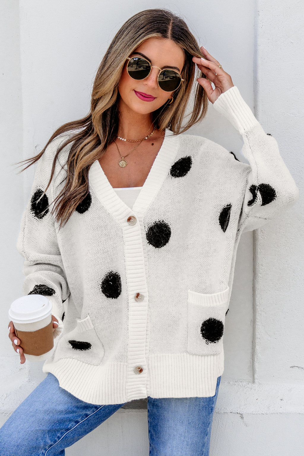 Red Polka Dot Button Front Oversized V Neck Cardigan