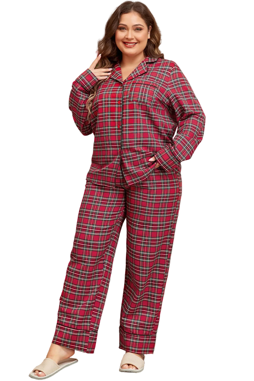 Red Plaid Printed Shirt and Pants Plus Size Lounge Set