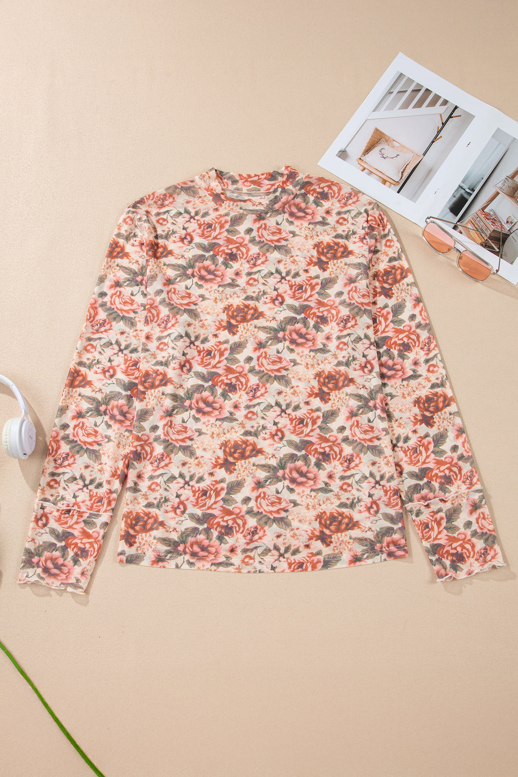 White Plus Size Floral Mock Neck Long Sleeve Slim Top