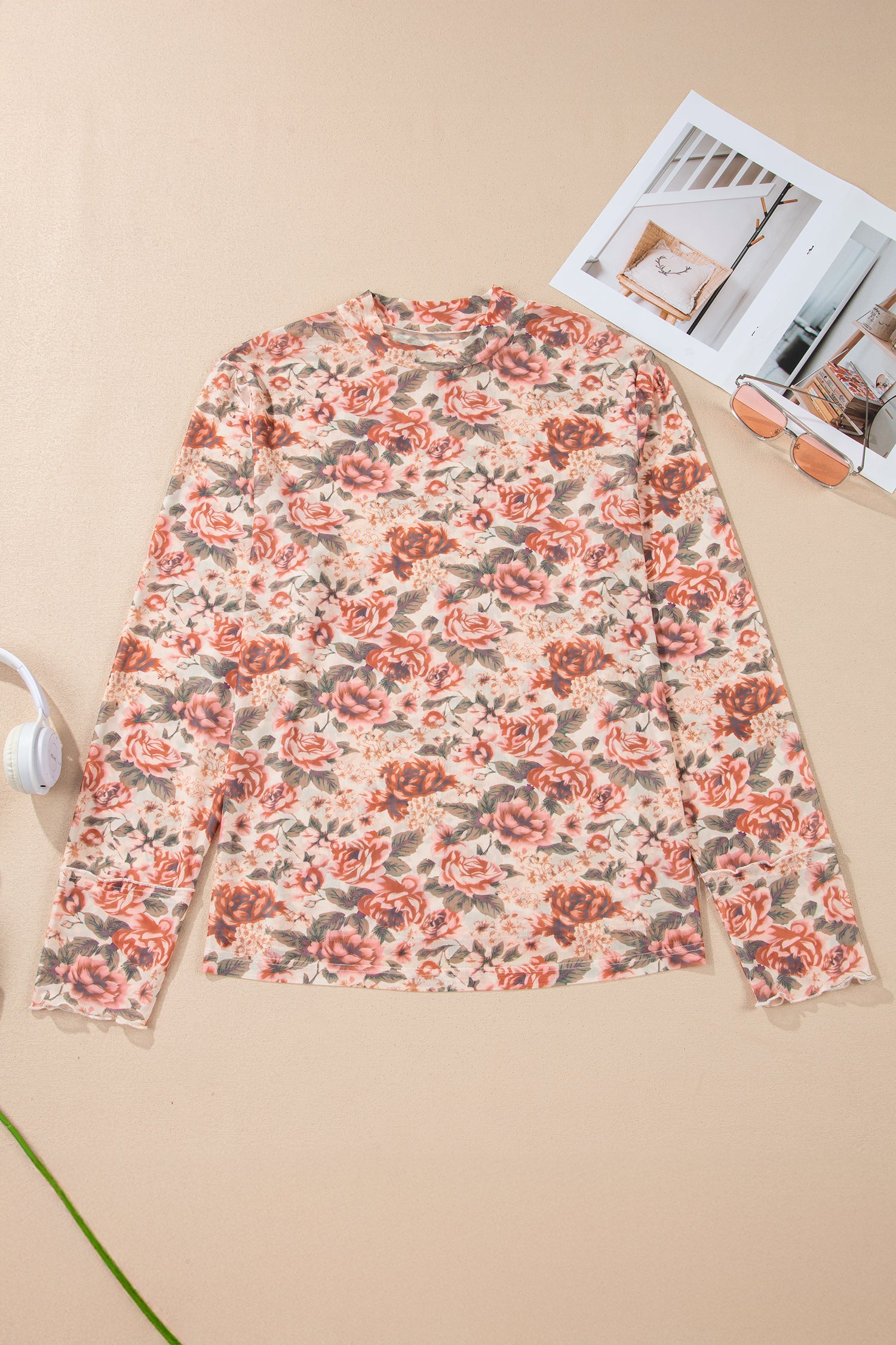 White Plus Size Floral Mock Neck Long Sleeve Slim Top