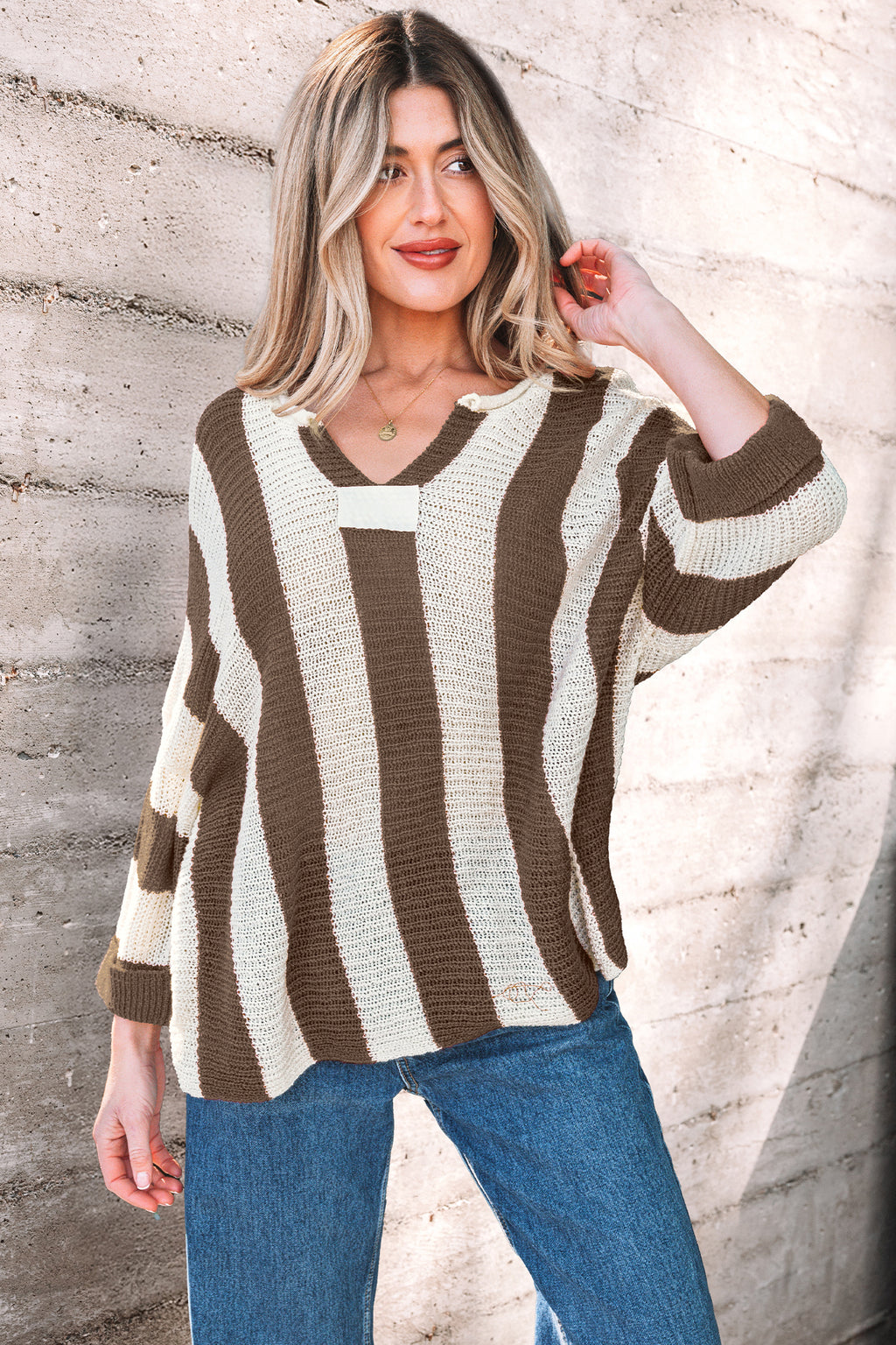 Red Stripe Colorblock V Neck Bracelet Sleeve Sweater