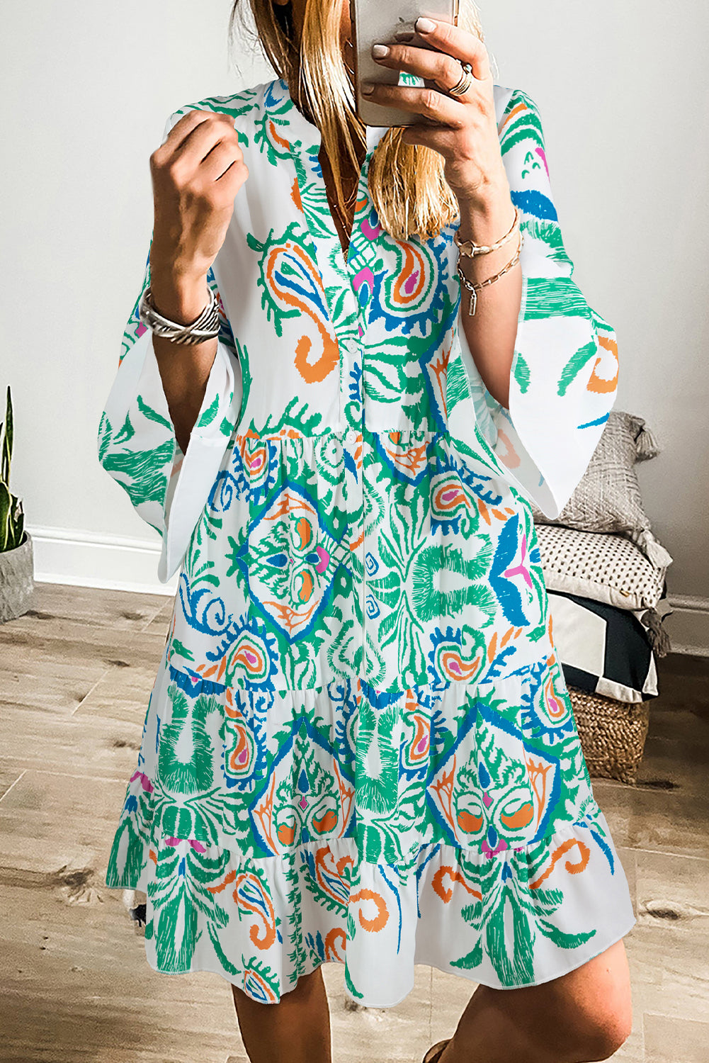Sky Blue Tribal Bracelet Sleeve Buttoned Mini Dress