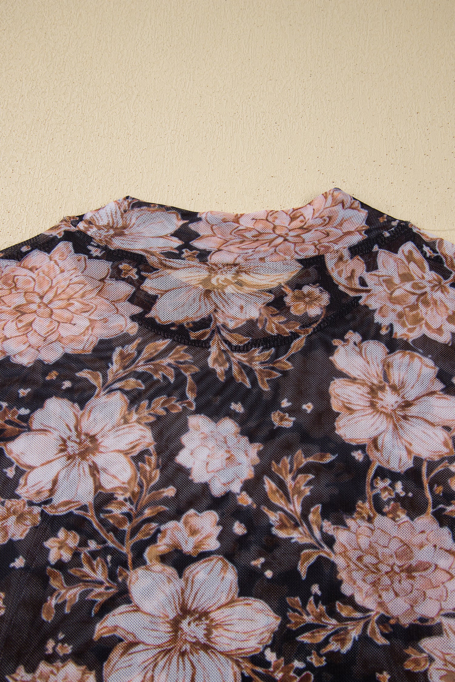 Black Floral Print Mesh Mock Neck Long Sleeve Top