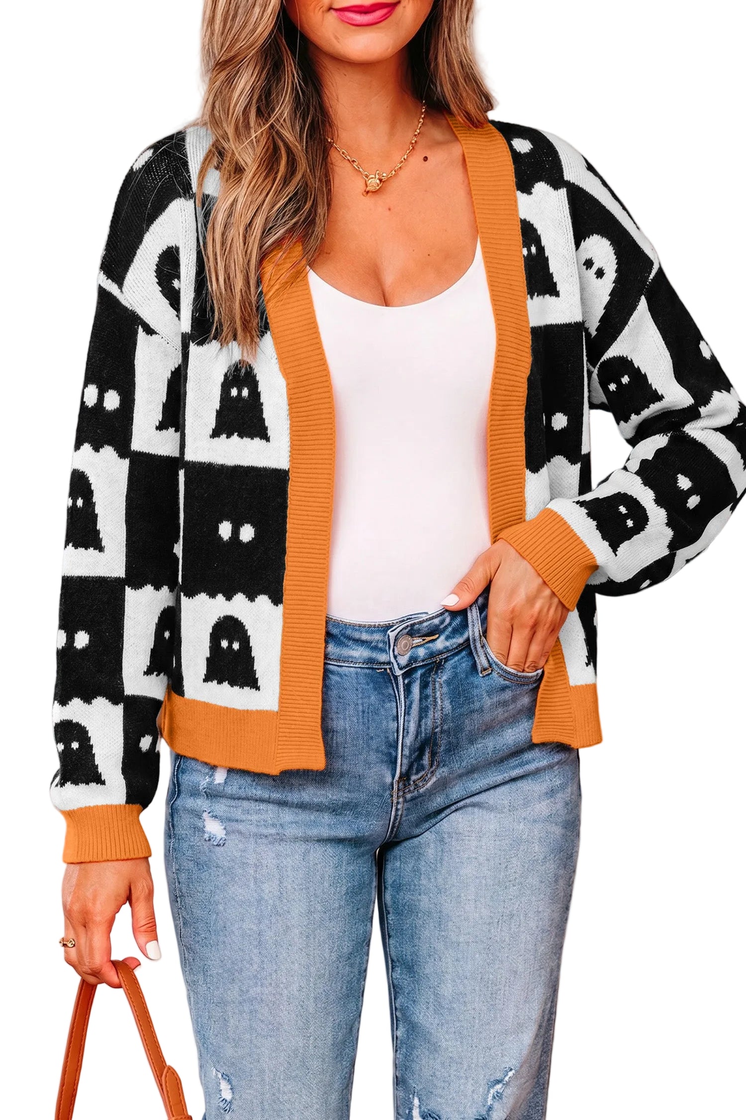 Black Geometric Ghost Print Drop Shoulder Knit Cardigan