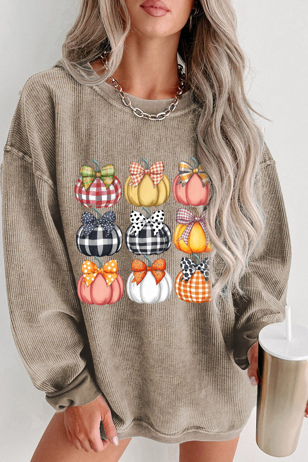 Women's Fall Pumpkin Print Sweatshirt, Khaki Baggy Pullover, Halloween
